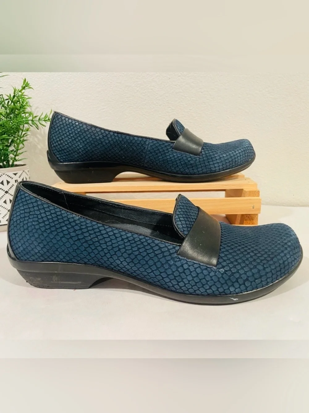 Dansko “Oksana” Blue Velvety Suede Women’s Loafers | Black Leather Accent Band